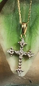 Dainty Natural Diamond Vintage Christian Cross With 18" Solid 10K Gold Chain - Picture 1 of 7