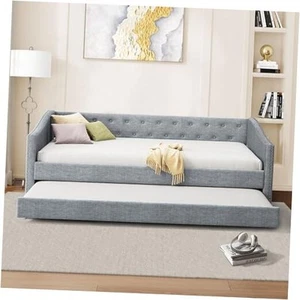 Size Upholstered Daybed with Trundle,Tufted Sofa Bed w/Button Twin Light Grey - Picture 1 of 7