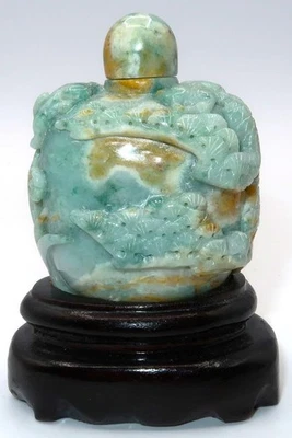 Chinese Carved Tree Floral Animals Jade Snuff Bottle w/ Wooden Stand, 3 1/2" - Image 1 of 4