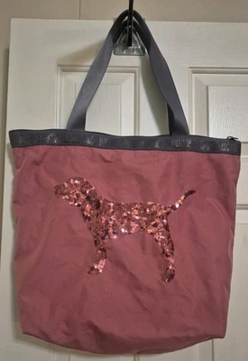 Victoria's Secret Pink Bag Pink with Gray Trim Zip Top Shoulder Bag 15"H X 19L - Image 1 of 4