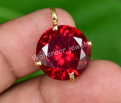 925 Sterling Silver Pendant Ruby Heated 15 mm Round Red Certified Women Jewelry - Image 1 of 4