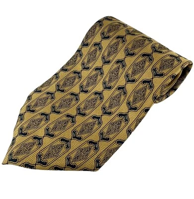 VTG Countess Mara Mens Tie Indigo Geometric on Biscotti Yellow Silk USA 4" 58.5" - Image 1 of 4