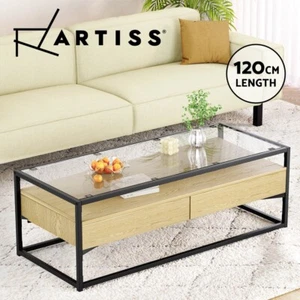 Artiss Coffee Table Square Glass Tabletop End Table 2 Drawers Storage Shelf Pine - Picture 1 of 8