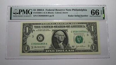 $1 2003 Radar Serial Number Federal Reserve Currency Bank Note Bill PMG UNC66EPQ - Image 1 of 3