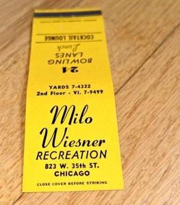Old Matchbook Cover  MILO WIESNER RECREATION BOWLING 823 W. 35th Street CHICAGO - Afbeelding 1 van 3