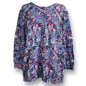Talbots Womens Cardigan Plus Size 2X Red White Blue Paisley Cotton Knit Sweater