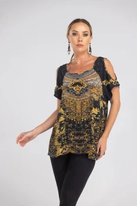 NEW THE SWANK RESORT VALETTA COLD SHOULDER TOP BLOUSE VISCOSE CRYSTALS 3 / 18 - Picture 1 of 5