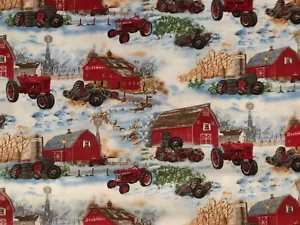 Vintage Tractors Farmall Winter Scenery Trees Barn Red Tractor Cotton Fabric FQ - Picture 1 of 4