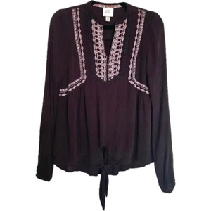 Knox Rose Black Boho Top Embroidered Peasant Long Sleeve Tie Front Size XS - Picture 1 of 11