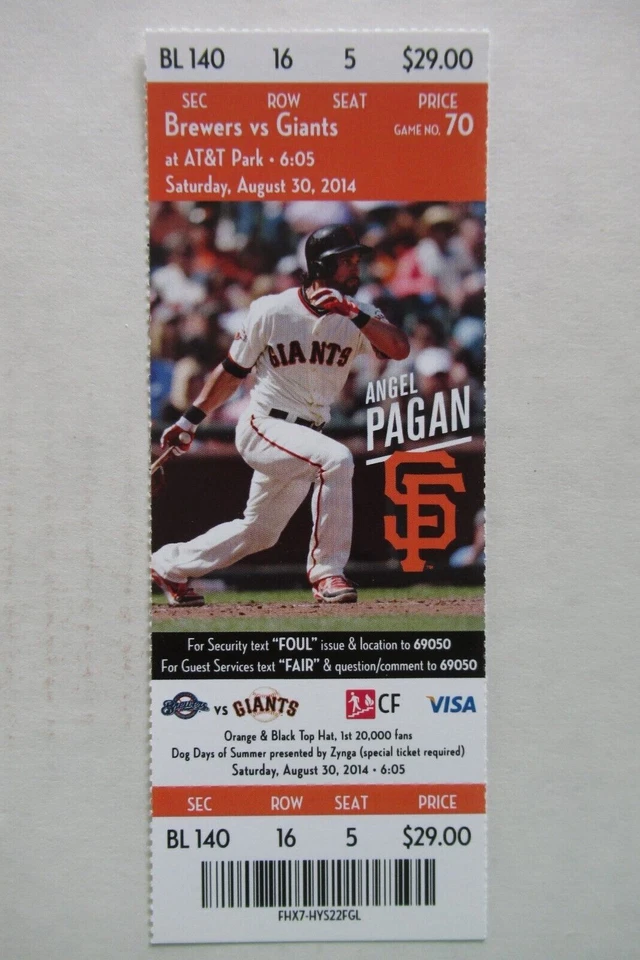 Boleto completo de los Gigantes de San Francisco vs Cerveceros de Milwaukee 30/08/2014 ~ Angel Pagan Foto 1 de 1