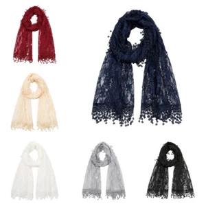 Women Tassels Mesh Hollow Flower Scarf Shawl Wrap Headscarf Long Wide Scarves - Picture 1 of 10