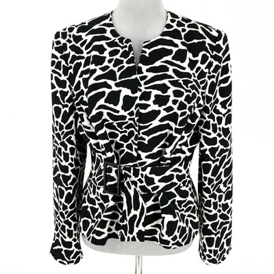 Chaqueta Liz Claiborne Petites 14P Negro Blanco Estampado Animal Cinturón Adjunto Forrado Foto 1 de 4