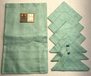 Set tovaglia + 6 tovaglioli vintage Indanthren lino blu acqua 51" x 51" nuovi senza scatola - Foto 1 di 5