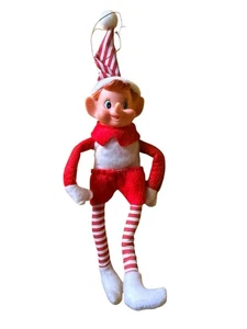 1950s 8" Hanging Hugging Rubber Faced Christmas Elf Red White Candy Stripe Bend - Afbeelding 1 van 8