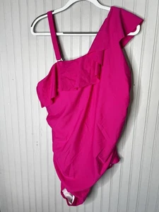 Aqua Eve Swimsuit Womens 24W Pink One Shoulder Ruffle Plus Size One Piece New - Picture 1 of 8