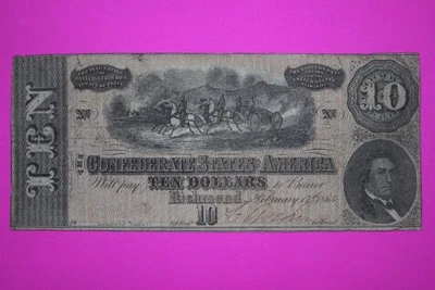1864 Confederate States of America $10 Ten Dollars Weak "A" Rarity 9 Genuine 27 - Image 1 of 3
