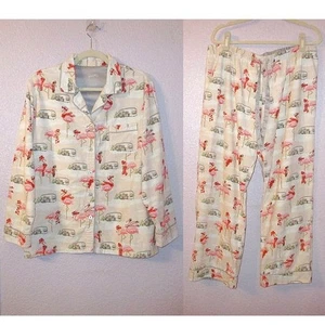 Nick & Nora Trailer Park Flamingo Pajamas Size L Flannel Top & Pants Holiday - Picture 1 of 13