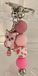 Individual Hand-Made Metal Pink Cat Keyring with silicone beads. - Picture 1 of 1