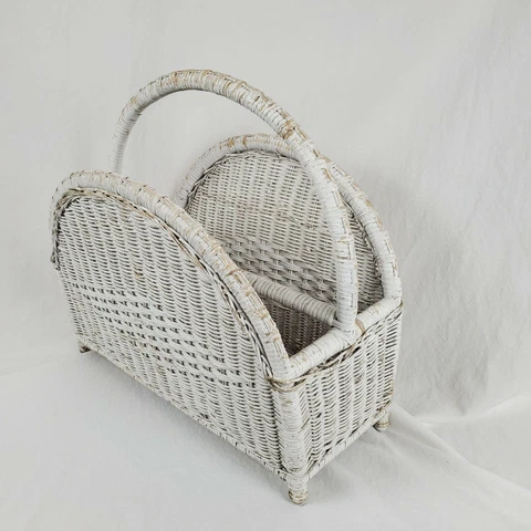 White Wicker Magazine Basket Farmhouse Chabby Chic Decor Country Storage Holder Cover