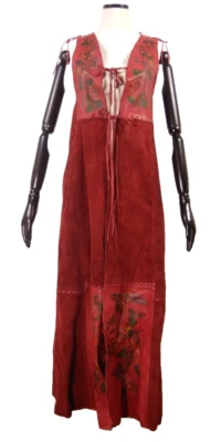 Vintage 70s Char Hand Painted Patchwork Red Suede and Leather Maxi Vest - Image 1 of 4