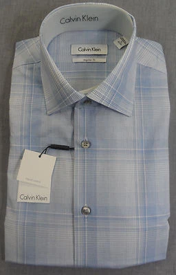 CALVIN KLEIN Men BLUE CHECK LIQUID COTTON REGULAR FIT DRESS SHIRT NWT 14.5 32-33 - Image 1 of 4