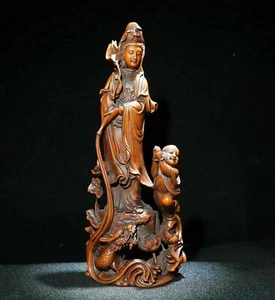 23 CM China Old Wood Buddha Statue natural Boxwood Guanyin Kwan-yin Statue - Picture 1 of 9