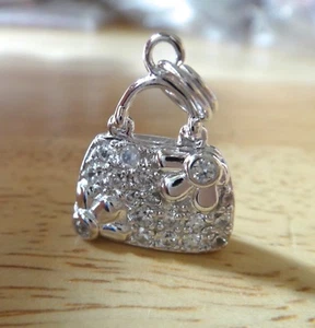 Sterling Silver 3D 20x16mm Clear CZ Crystals Flowers Purse Charm - Picture 1 of 4
