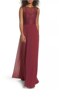 Hayley Paige Occasions Lace & Chiffon Gown, Burgundy, sz 6 - Picture 1 of 6