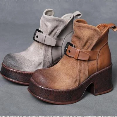 Mujeres Punta Redonda Tacón Bloque Botines Plataforma Cuero Cuña Creeper Oxfords  Foto 1 de 4