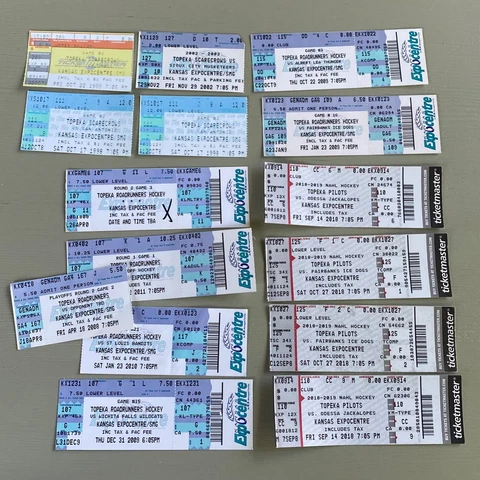 Lot of Vintage Topeka Hockey Ticket Stubs Scarecrows Roadrunners Pilots Cover