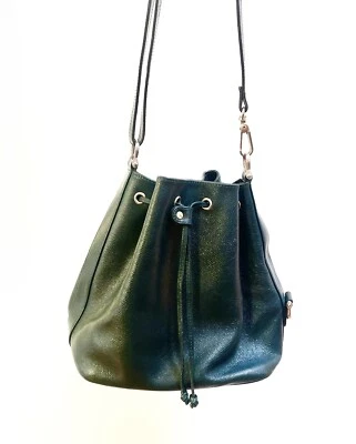 Vintage 70s 80s Pebbled Leather Convertible Bucket Bag ITALY JUNGLE GREEN - Image 1 of 3