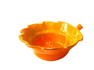 Vintage USA Calif Pottery #814 Red Orange Gold Leaf Dip Candy Bowl - Picture 1 of 4