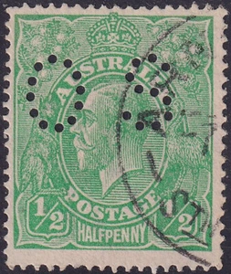 Aust KGV ½d Green. Single Watermark. Perf 'OS'. USED (0676) - Picture 1 of 1