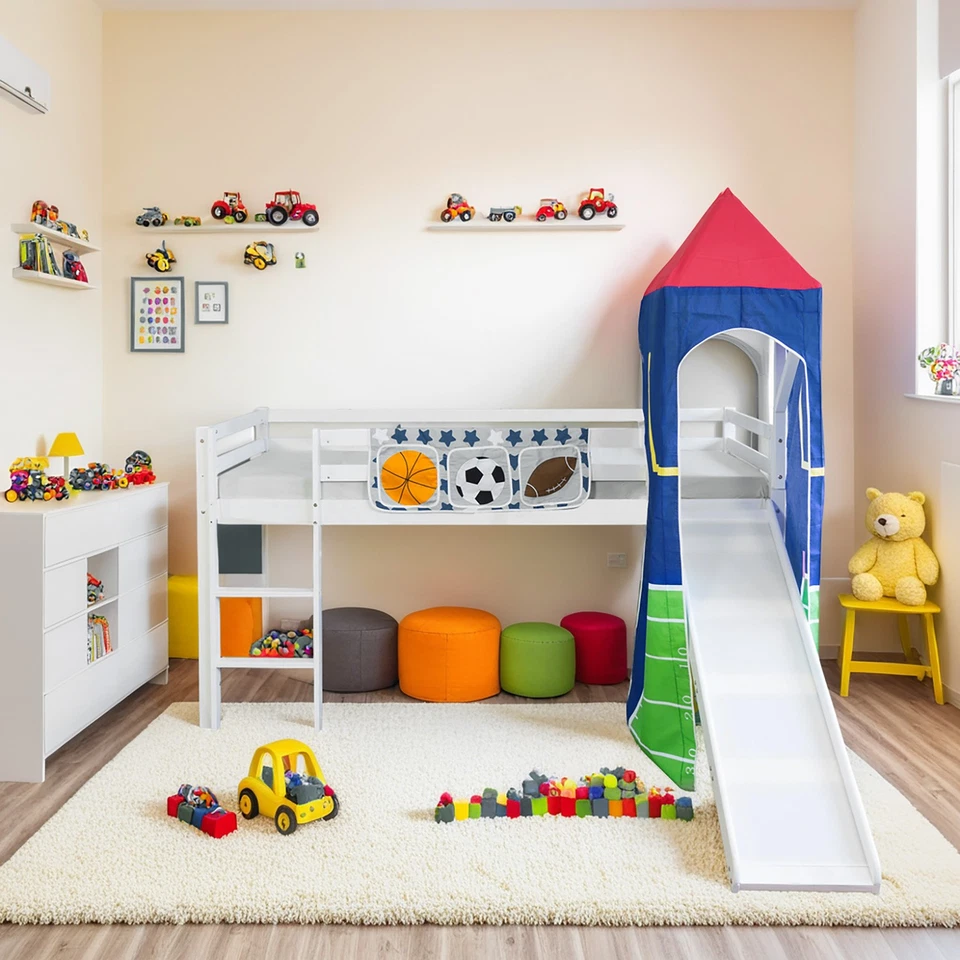 Lit D'Enfant Superposé 90x200 Mezzanine avec Toboggan Cadre de Bois Homestyle4u - Photo 1/4