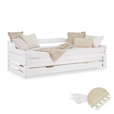 Cadre Lit gigogne 90x200 banquette 2 places matelas Tiroir en Bois Homestyle4u - Photo 1/4