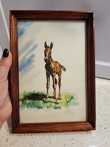 Vintage Aquarell Gemälde Pferd Hengstfohlen gerahmt klein 1990 - Bild 1 von 7