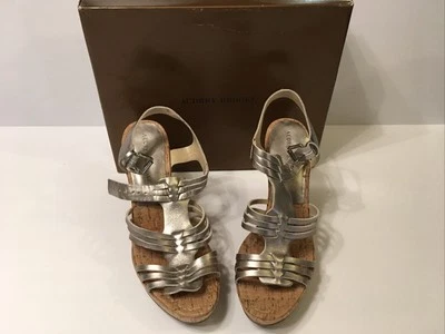 Audrey Brooke cork wedge dress sandals metallic pewter leather 9.5 - Image 1 of 4
