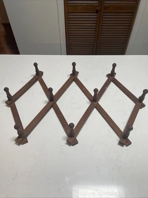Primitive Wooden Accordion rack Wall Hanging Shelf With 10 Pegs - Image 1 of 4