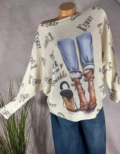Camisa de punto para mujer suéter estampado vaquero bolso 066 oversize 38 40 42 BEIGE - Imagen 1 de 6