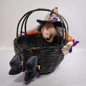 Vintage Halloween Plush Witch Wicker Basket Candy Bowl - Picture 1 of 8