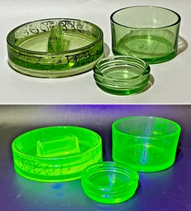 Set of 3 Vaseline Glass Items 1 Ashtray & 2 Unknown Vessels - Picture 1 of 16