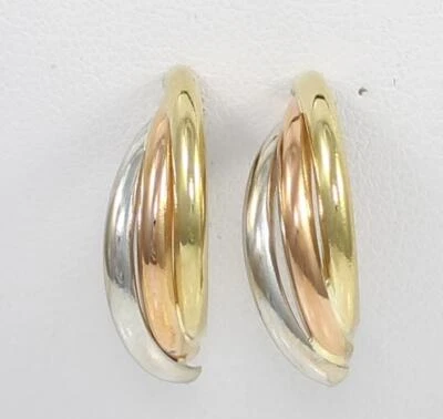 Solid 18K Tri Colored Yellow White Rose J Hoop Post Earrings - Image 1 of 4