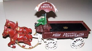Vintage Cast Iron Fresh Fruit & Vegetable Wagon Horse Drawn Cart Wagon Driver - Picture 1 of 9