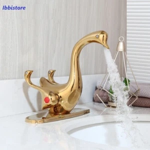 Gold Swan Duck Bathroom Basin Sink Mixer Taps 2 Handles Deck Mounted Dolphin - Picture 1 of 10