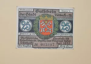 Notgeld. Gutschein der Stadt Lübbecke .25 Pfennig. Juli 1921 - Bild 1 von 2