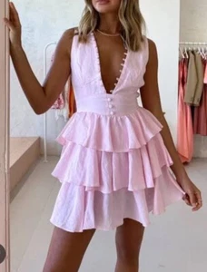 Joslin Ruffle Linen Mini Dress Pink Size 8 - Bild 1 von 10