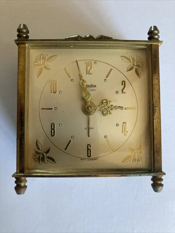 WORKING VINTAGE LINDEN BLACK FOREST ETCHED ROSE PATTERN ALARM CLOCK WEST GERMANY Cover