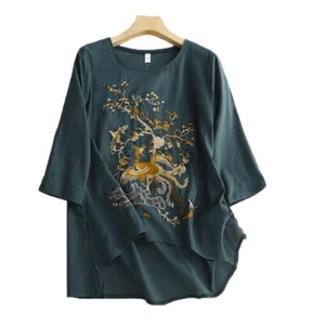 Femme Brodé Floral T-Shirt Ethnique Chinois Manche Courte Haut Chemisier Été - Picture 1 of 13