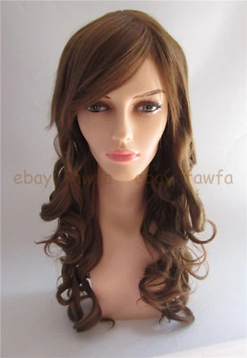 Peluca marrón claro larga onda rizada flequillo de cabello sintético niña mujeres disfraces peluca completa Foto 1 de 4