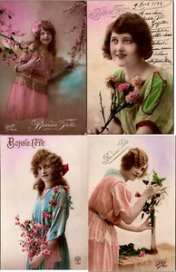 RPPC Pretty Ladies - Vive Bonne Fête - Lot of 4 Postcards - Picture 1 of 2